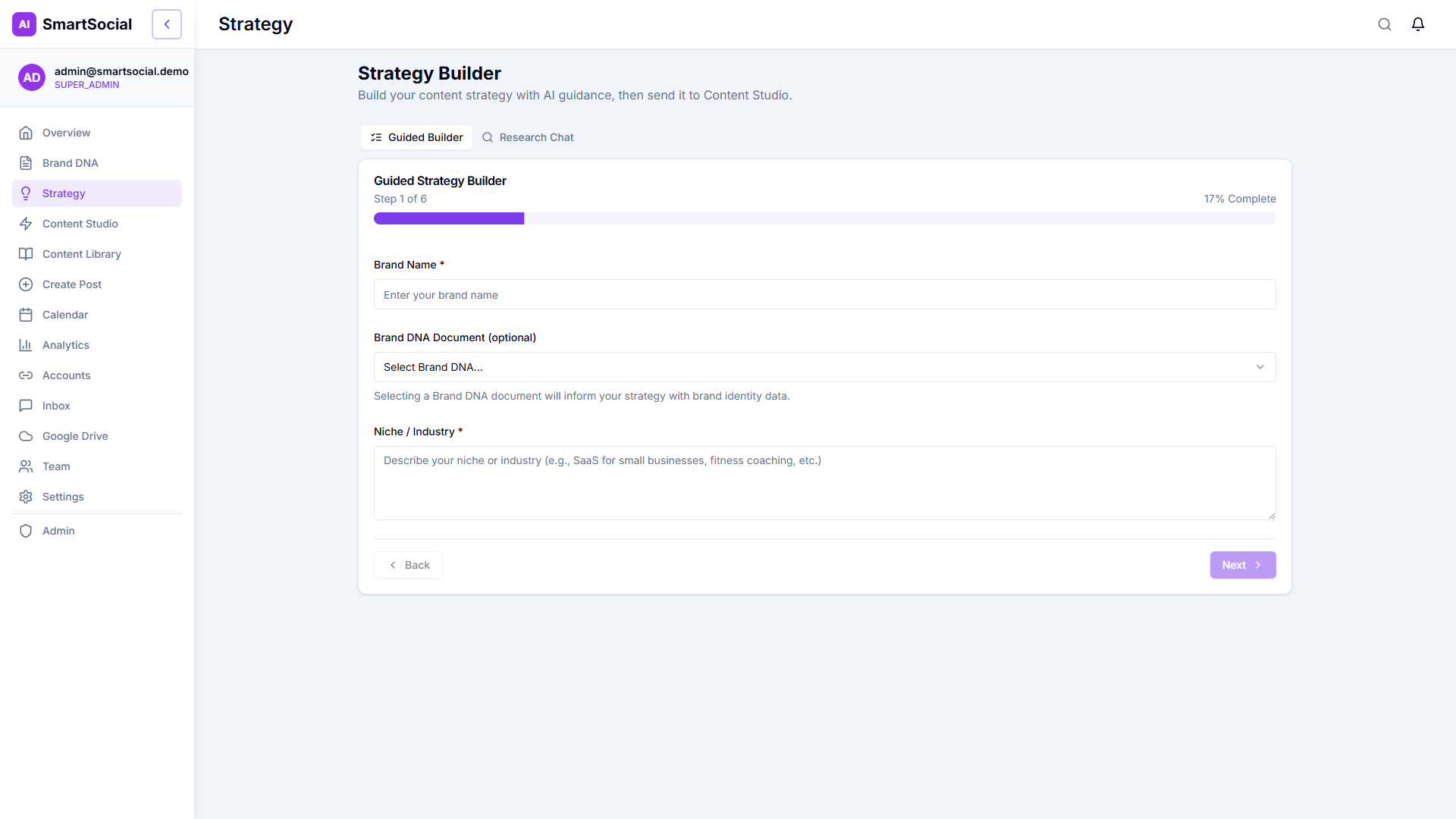 AI Strategy Builder — 6-step guided wizard with integrated research