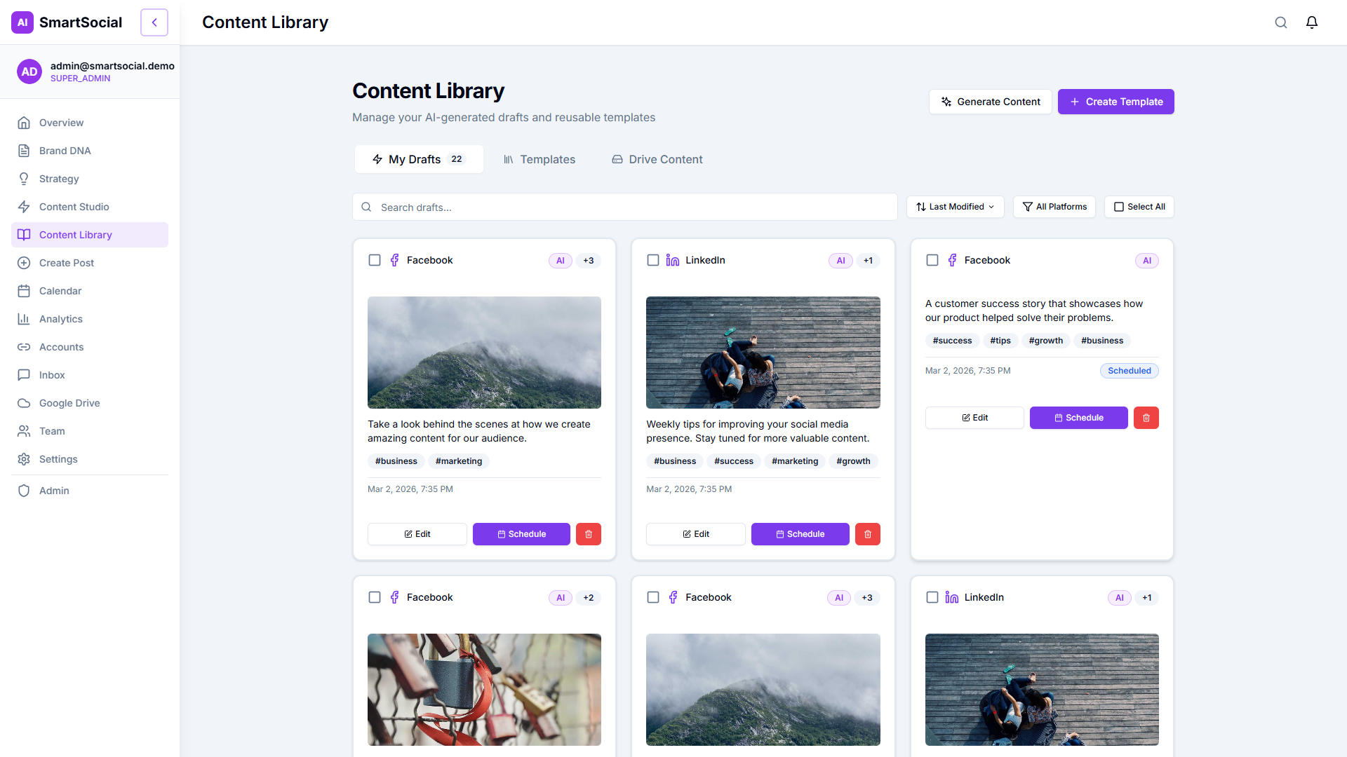 Content Library — drafts, scheduled posts, templates, and Drive content