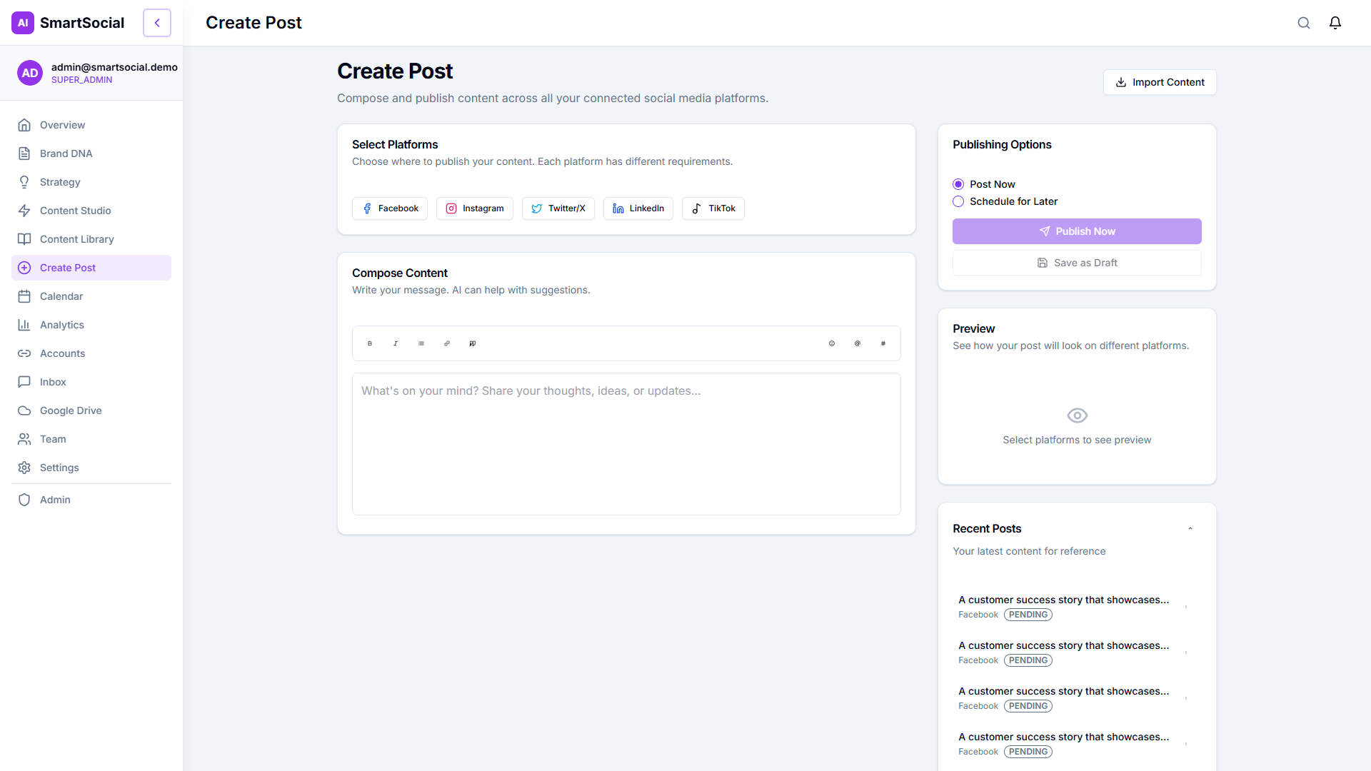 Create Post — rich text editor with AI assist and multi-platform targeting