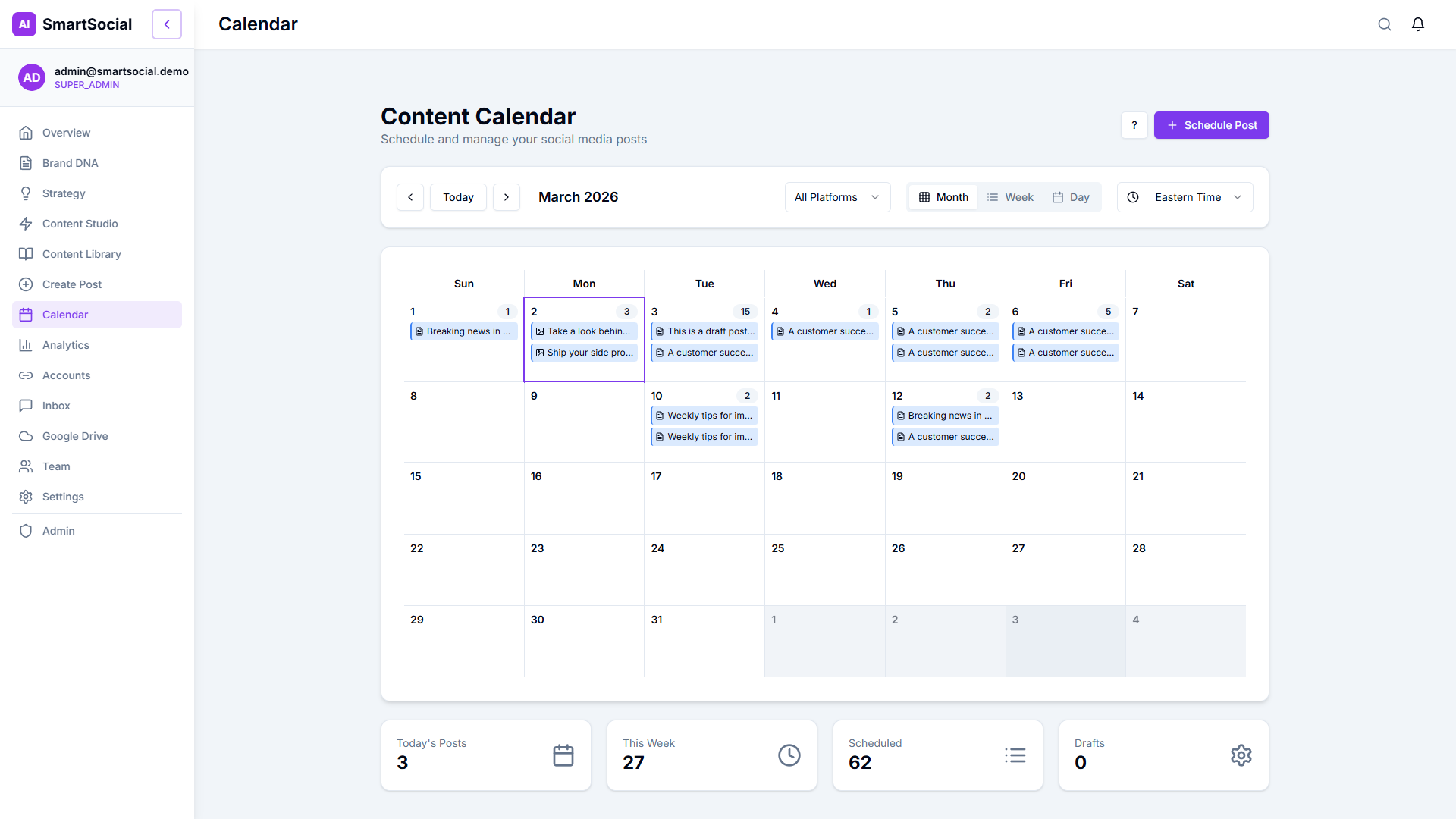 Content Calendar — merged scheduled posts and drafts in one view