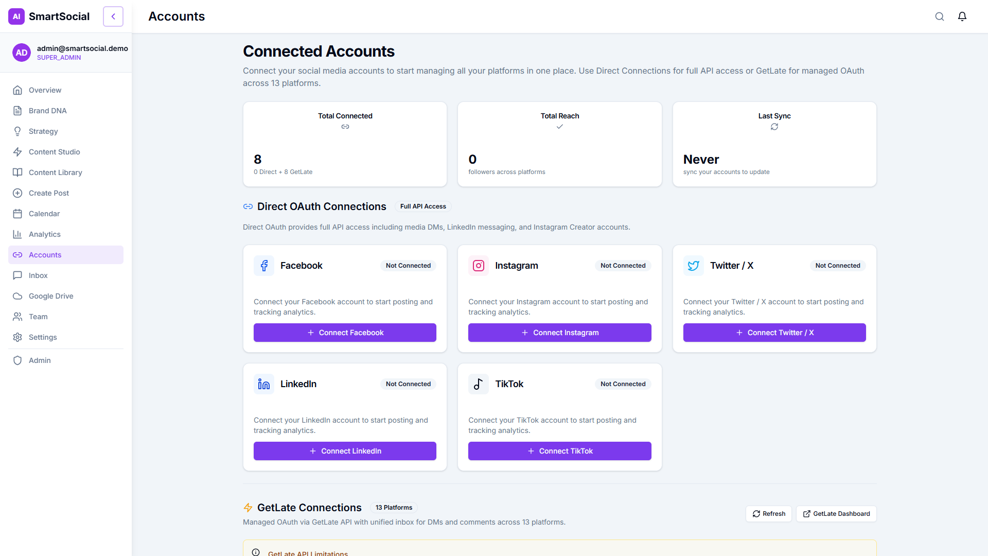 Account Management — connect and manage 14 social media platforms